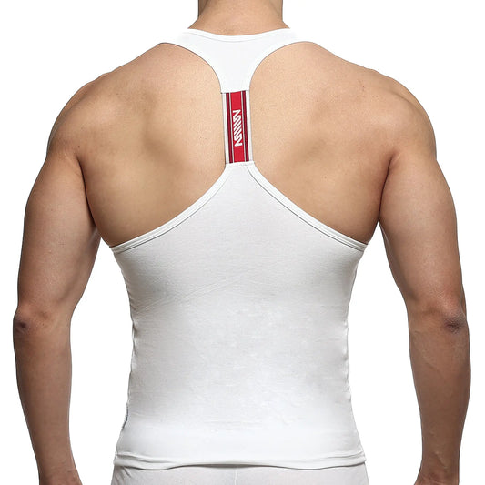 Back of white metroMalewear racerback tank top with red vertical stripe and mann logo in white lettering