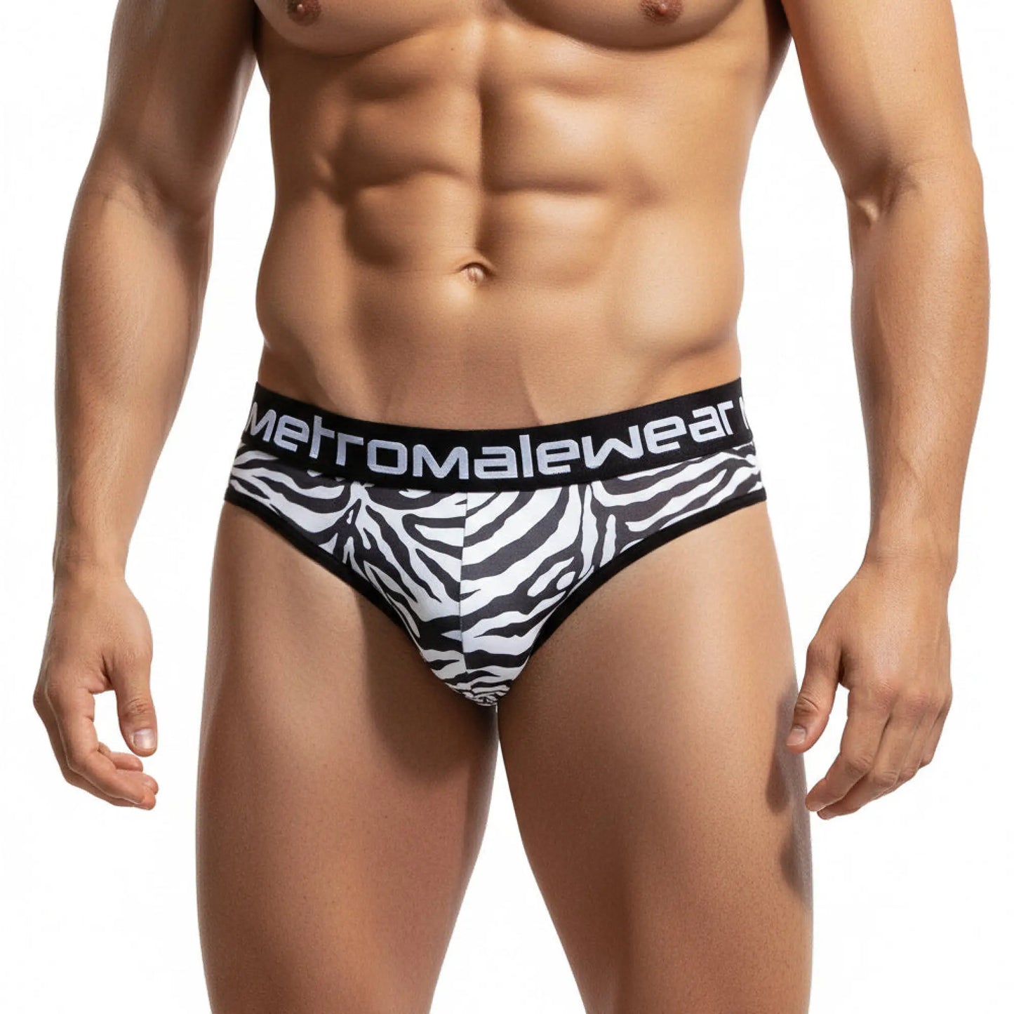 Black and white zebra print men’s briefs with black waistband and metromale wear logo MetroMaleWear Loreto G-String 2722-60
