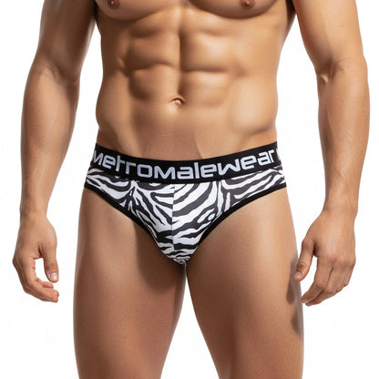 Black and white zebra print men’s briefs with black waistband and metromale wear logo MetroMaleWear Loreto G-String 2722-60