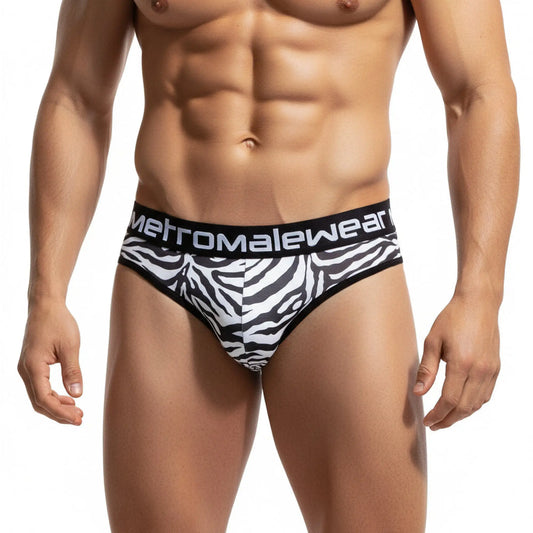 Black and white zebra print men’s briefs with black waistband and metromale wear logo MetroMaleWear Loreto G-String 2722-60