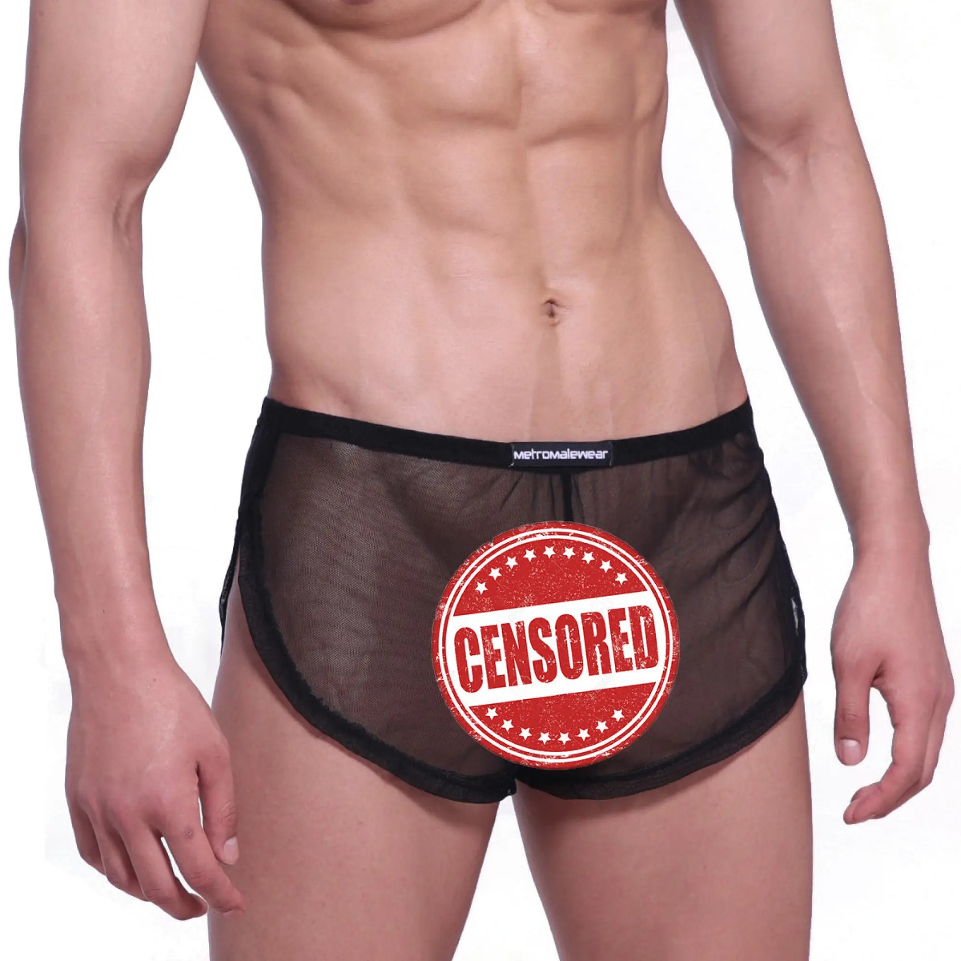 Black sheer mesh briefs with black elastic waistband branded metromalewear from MetroMaleWear Lounge Split Boxer 2008-71