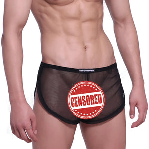 Black sheer mesh briefs with black elastic waistband branded metromalewear from MetroMaleWear Lounge Split Boxer 2008-71