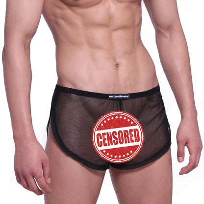 Black sheer mesh briefs with black elastic waistband branded metromalewear from MetroMaleWear Lounge Split Boxer 2008-71