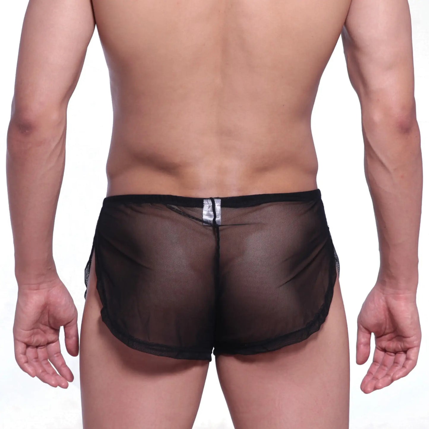 Black sheer mesh briefs with solid black waistband and side panels from MetroMaleWear Lounge Split Boxer 2008-71