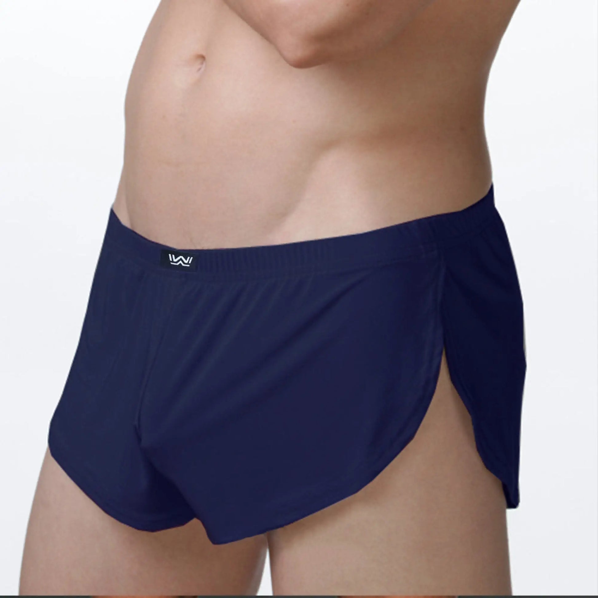 Navy blue metro male wear lounge split boxer athletic briefs with sleek form fitting design and side slits