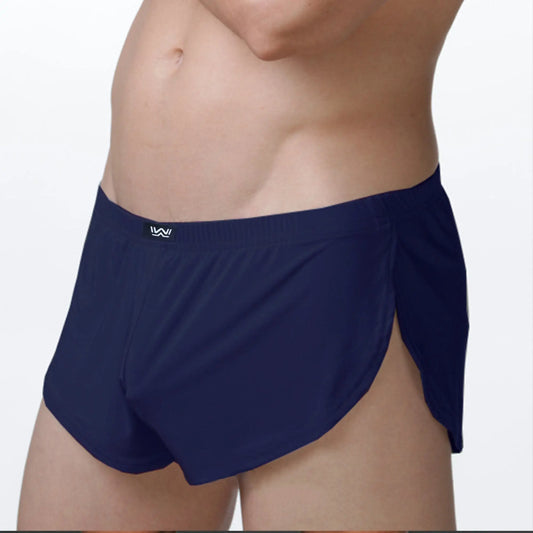 Navy blue metro male wear lounge split boxer athletic briefs with sleek form fitting design and side slits