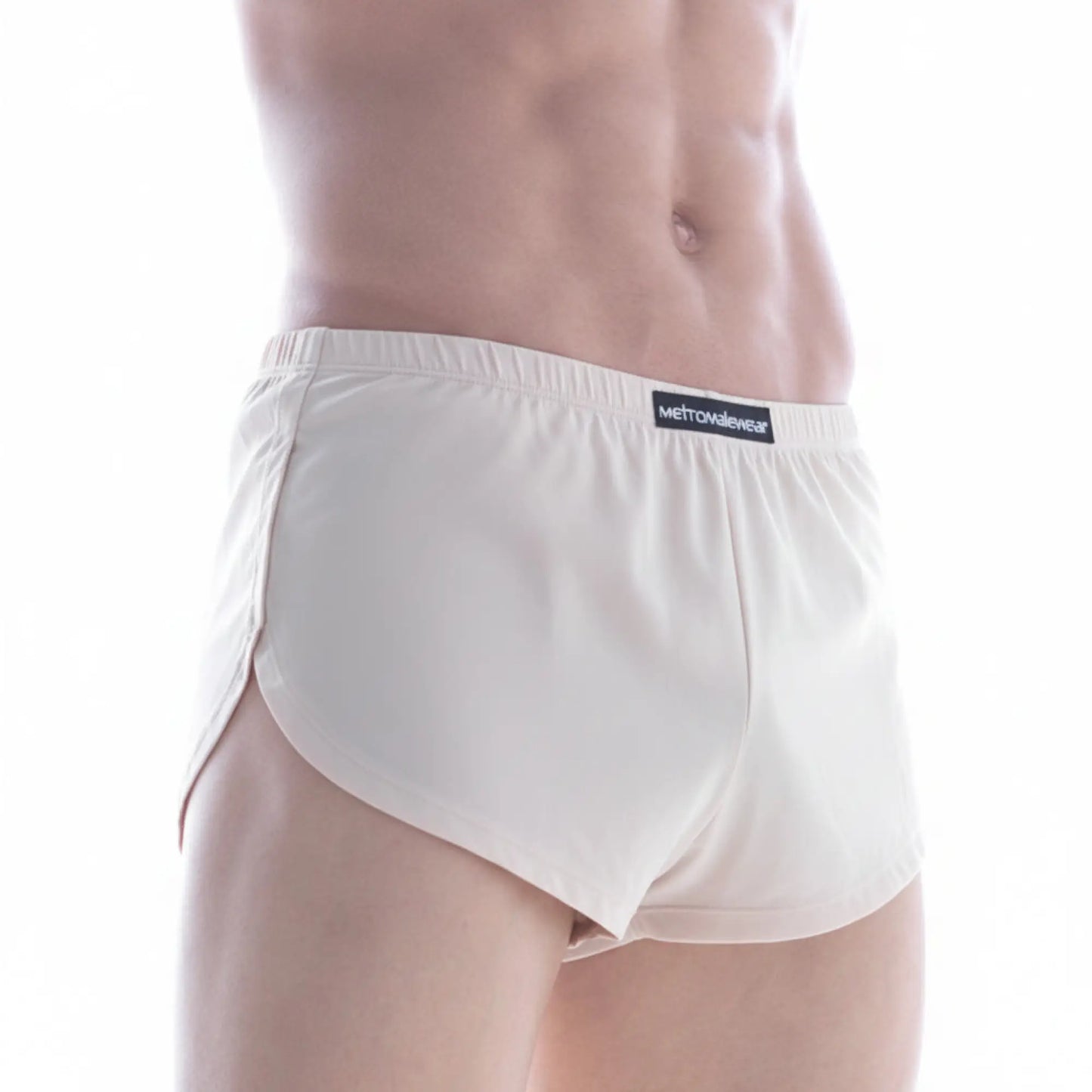 White athletic lounge split boxer briefs with black mettowalewear label on waistband metro malewear nude 2008-01