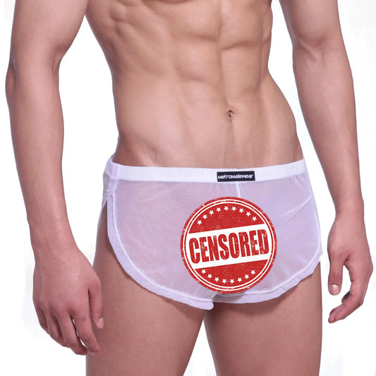 MetroMaleWear lounge split boxer white mesh briefs with red censored stamp and black brand tag metromalewear