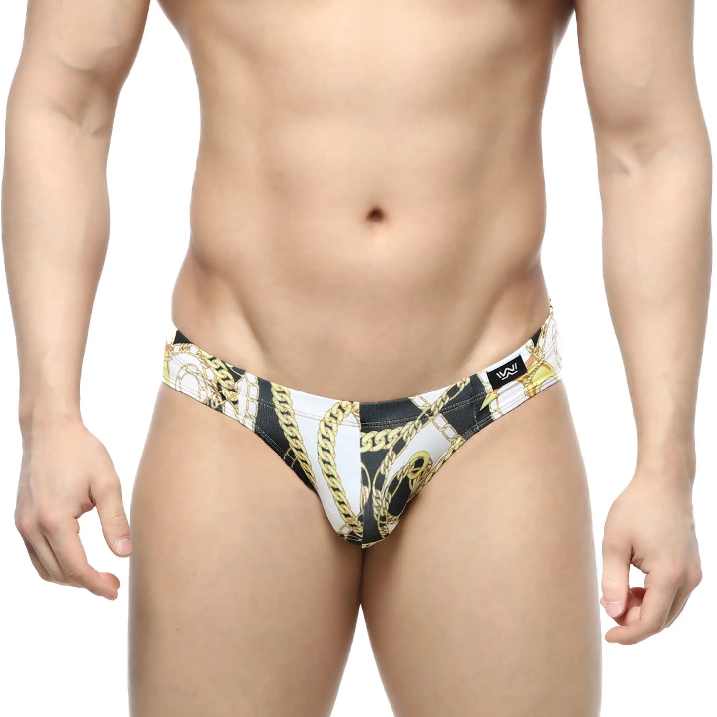 MetroMaleWear Lujo bikini black swim trunks with bold gold chain pattern in black and white design
