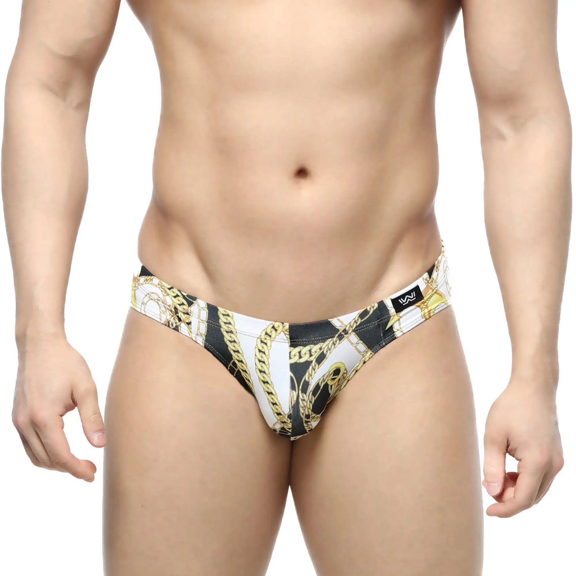 MetroMaleWear Lujo bikini black swim trunks with bold gold chain pattern in black and white design