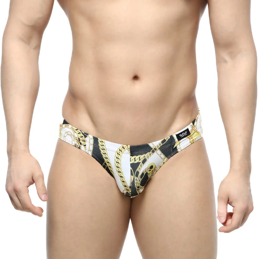 MetroMaleWear Lujo bikini black swim trunks with bold gold chain pattern in black and white design