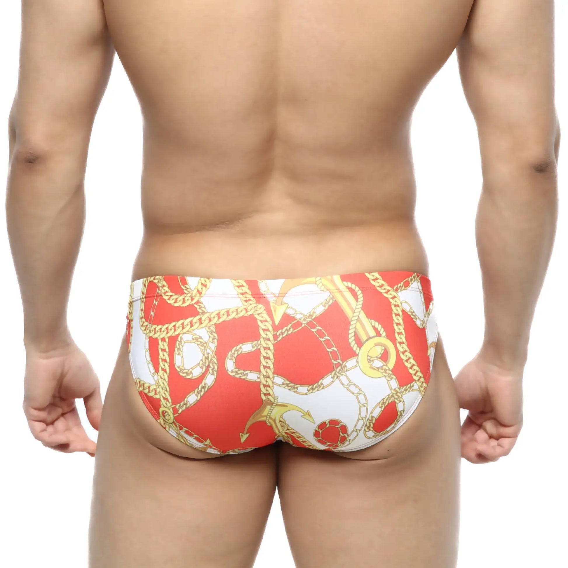 MetroMaleWear Lujo bikini red swim trunks with bold gold chain and anchor pattern for stylish beachwear