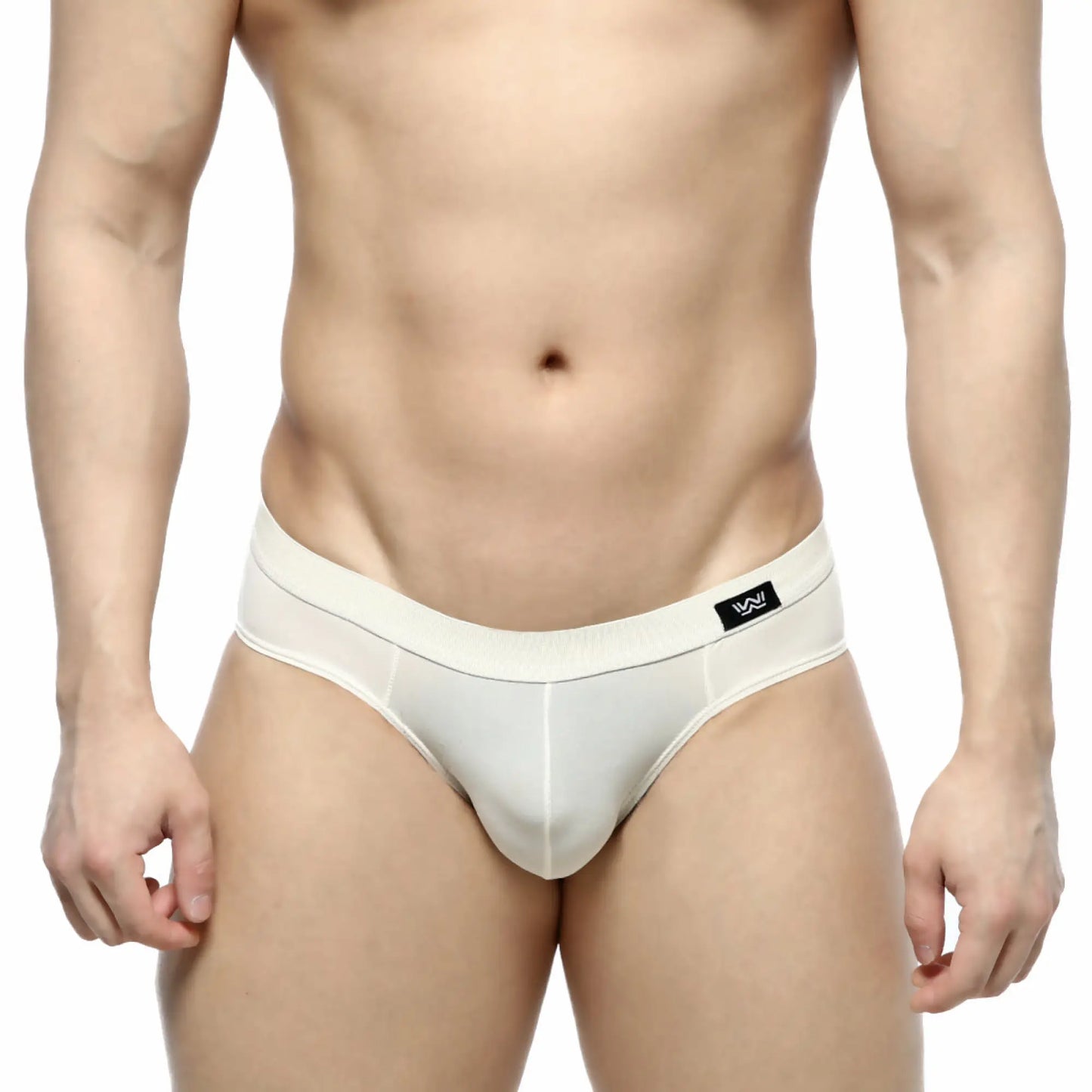 White mesh briefs with solid waistband and black logo tag from metromalewear lupin bikini 5103-06 collection