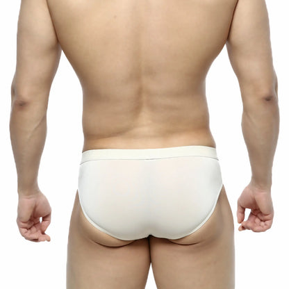 White seamless metroamalewear lupin bikini briefs with smooth form-fitting design for comfortable wear
