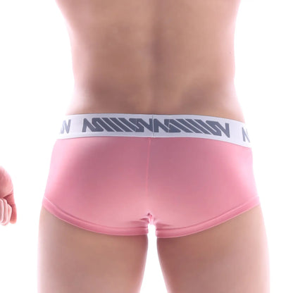Pink MetroMaleWear Lux Short Boxer 2026-52 men’s briefs with white elastic waistband and gray geometric logo pattern