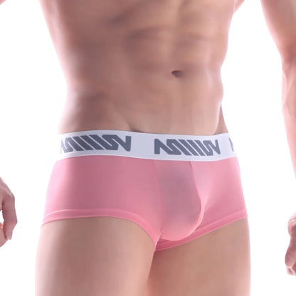 Pink men’s briefs with white elastic waistband and gray stylized logo from MetroMaleWear Lux Short Boxer 2026-52