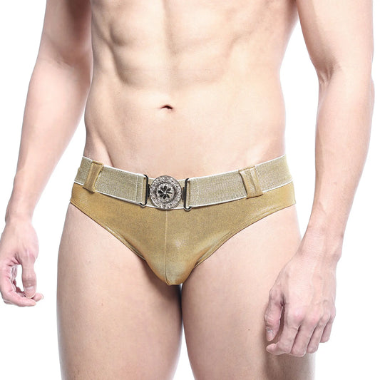 MetroMaleWear Luxor swim brief gold metallic with textured elastic waistband and ornate silver floral buckle