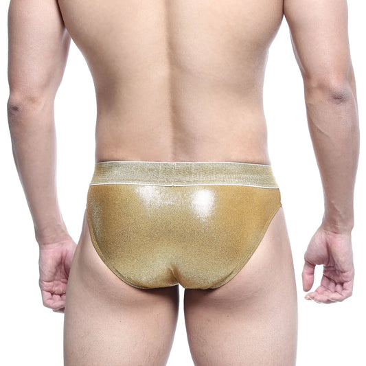 MetroMaleWear Luxor swim brief in shiny gold metallic with textured glittery finish and matching elastic waistband