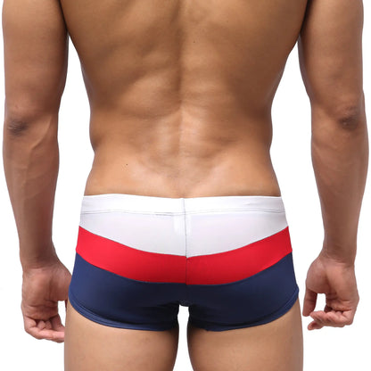 Men’s metromalewear lycos swim trunks in navy with bold red white and navy horizontal stripes for beachwear
