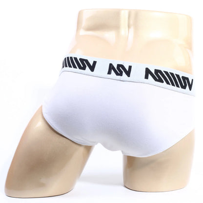 White mens briefs with black miiiv logo band from metromalewear m25 hip brief in white cotton blend material
