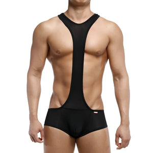 MetroMaleWear Acme black wrestling singlet with mesh fabric and a central y-back design shown from the back.