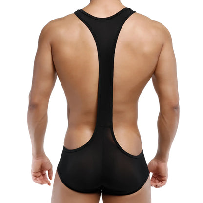 Back view of black MetroMaleWear Acme singlet with racerback design and mesh panels for breathability