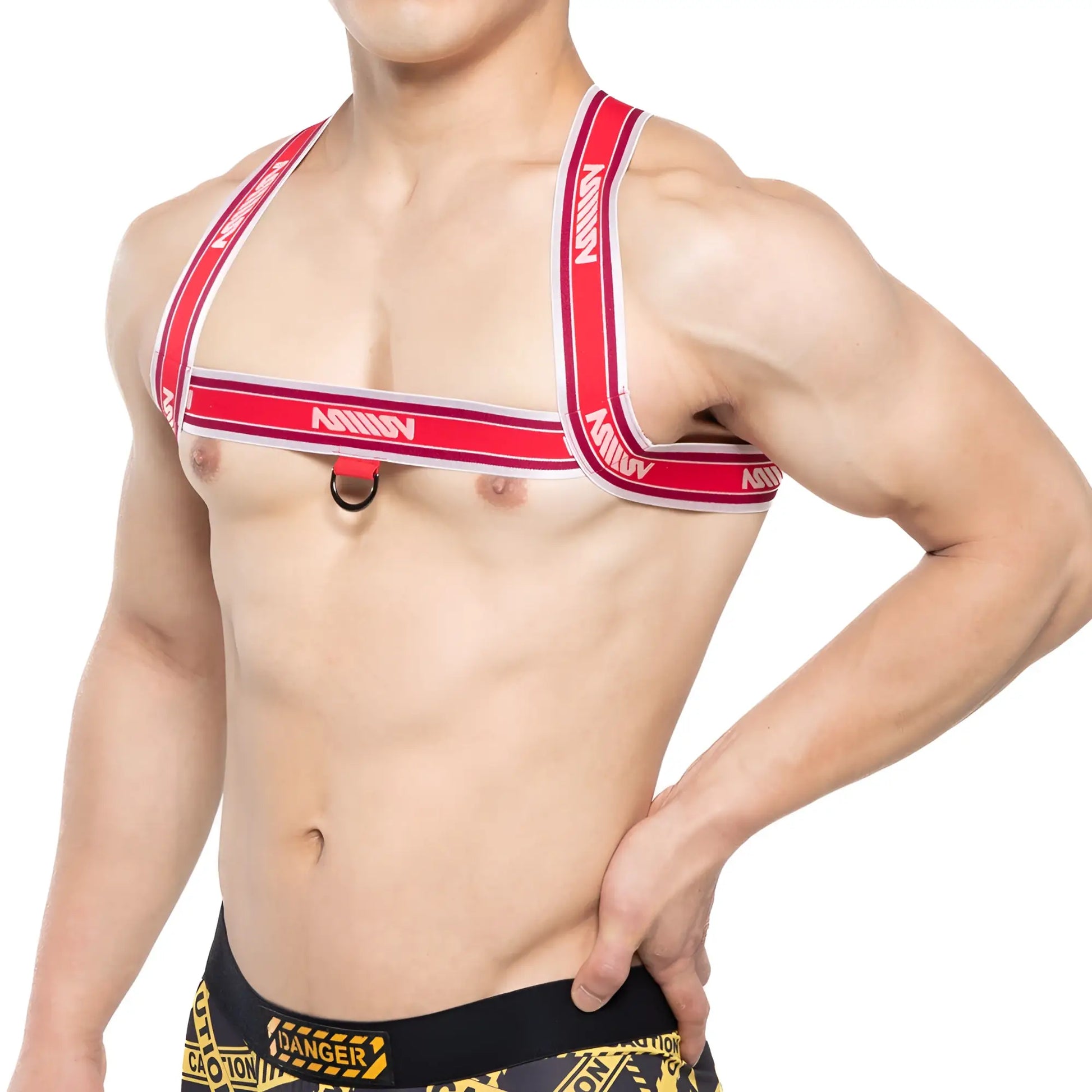 MetroMaleWear brutal harness red 1400-12 red and white striped with black metal ring at center for secure fit