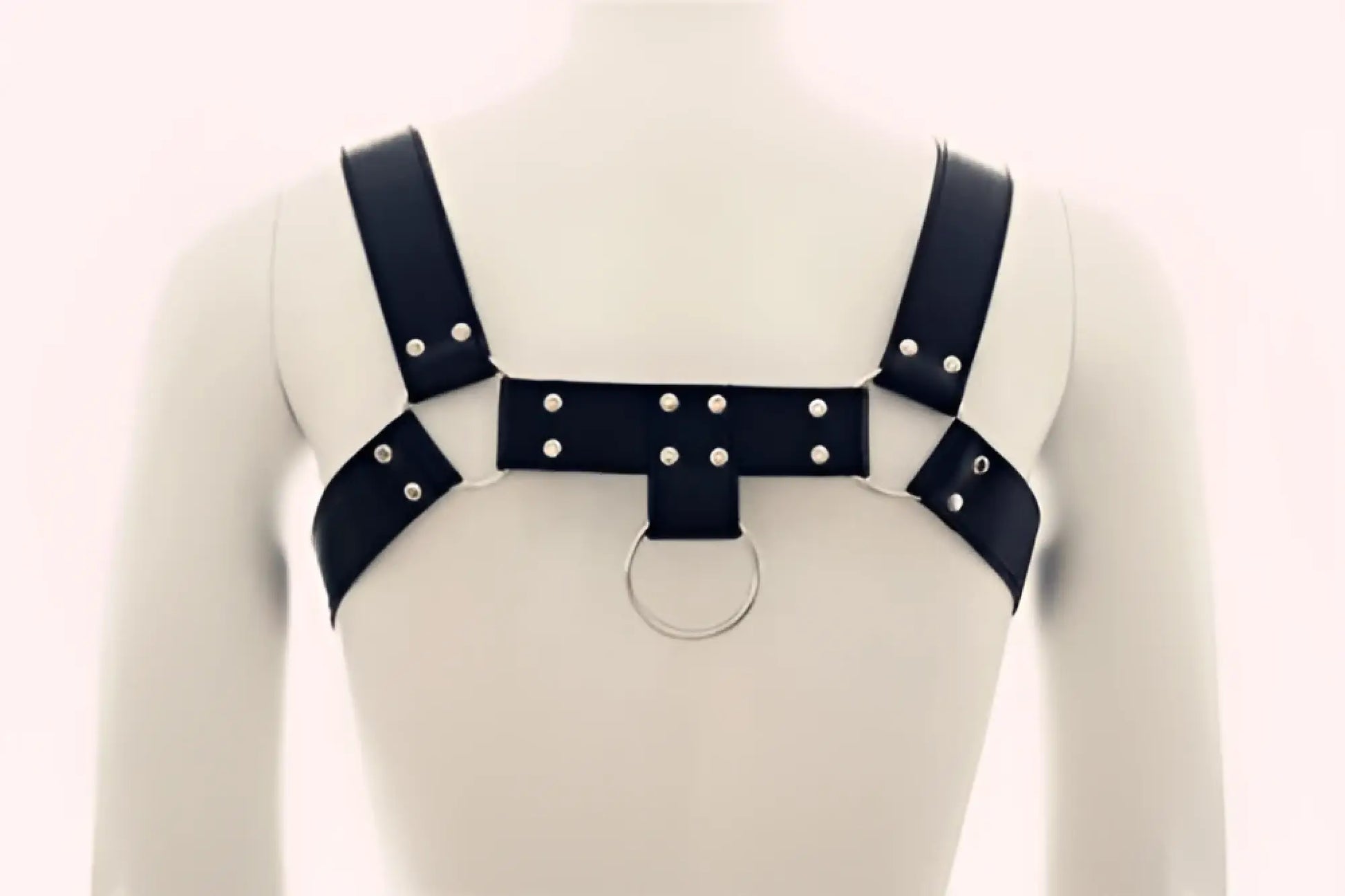 Black leather harness with silver metal studs and central ring from metromalewear bulldog leather harness mh1