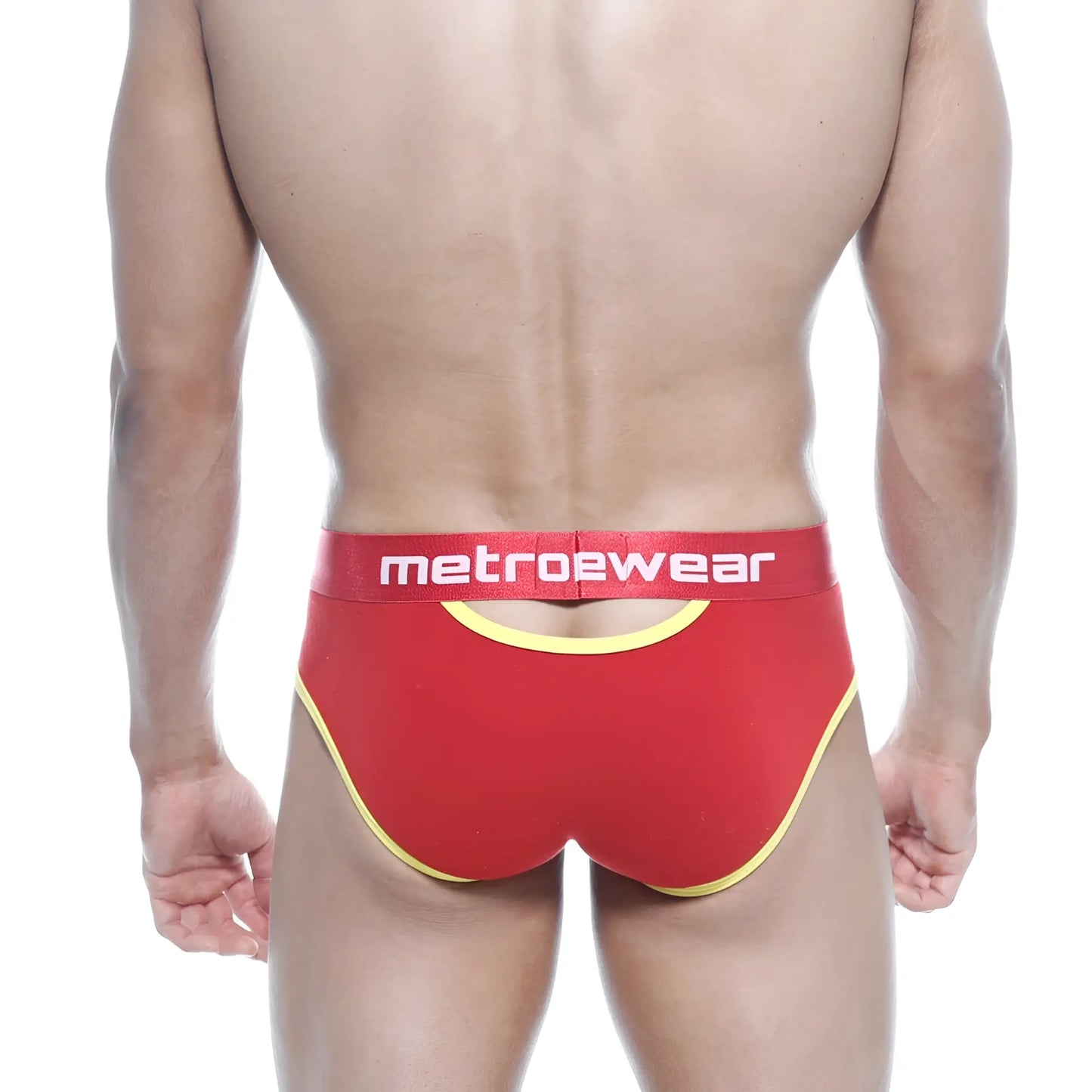 Red metrowear cotton open briefs with yellow trim and white logo on waistband for comfortable everyday wear