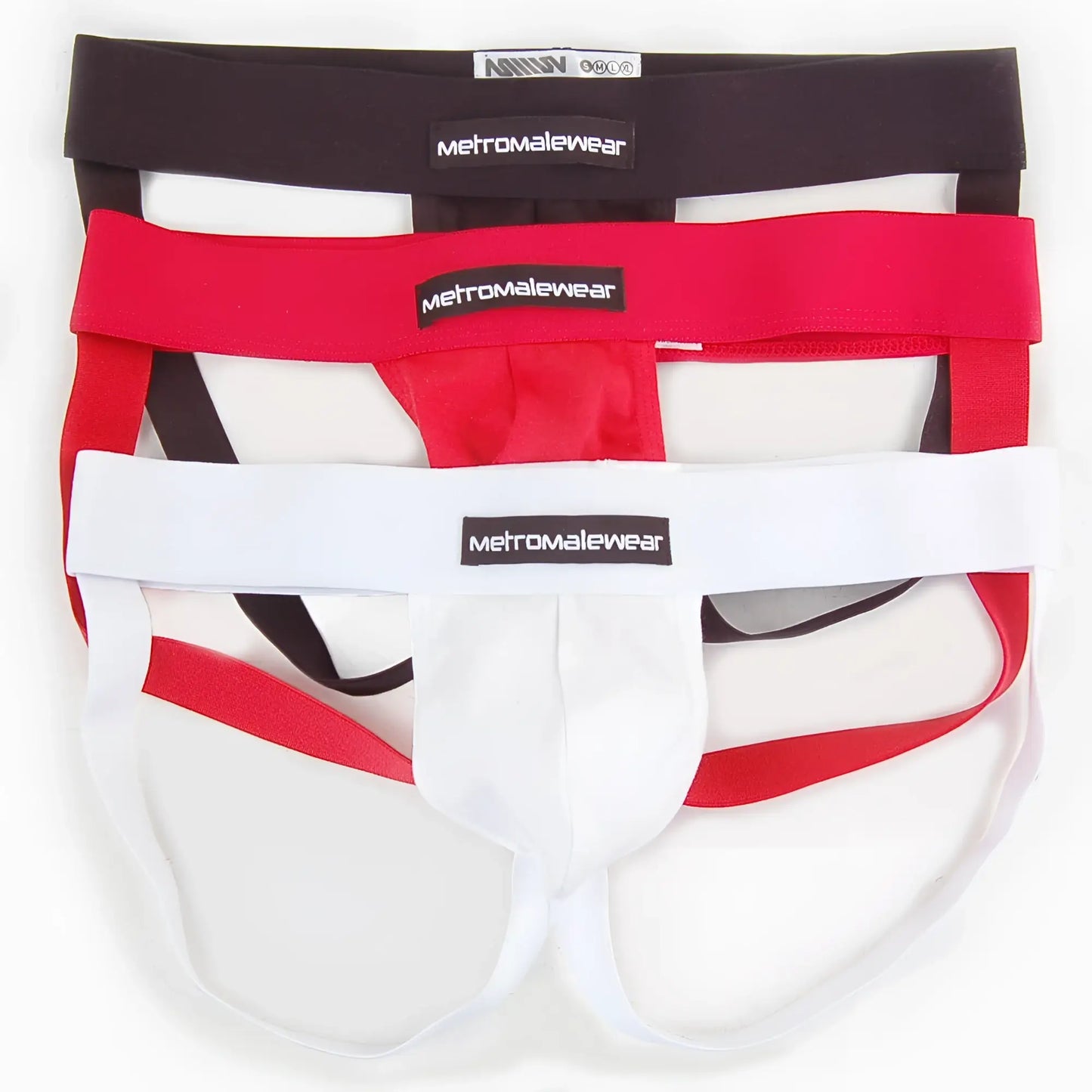 Set of three metromalewear cup jock strap briefs in black red and white for men in 3001-3pk pack