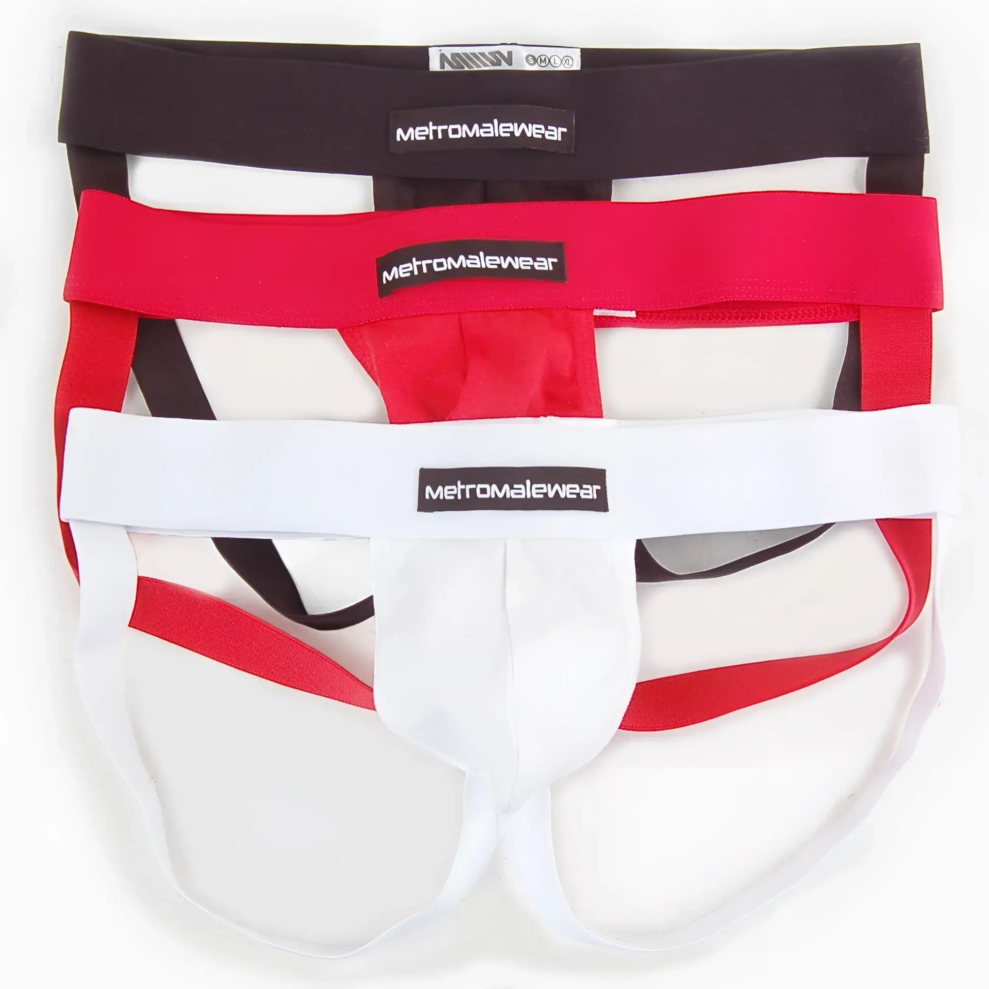 Set of three metromalewear cup jock strap briefs in black red and white for men in 3001-3pk pack