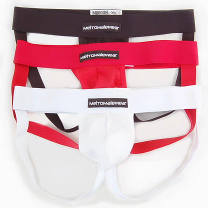 Set of three metromalewear cup jock strap briefs in black red and white for men in 3001-3pk pack