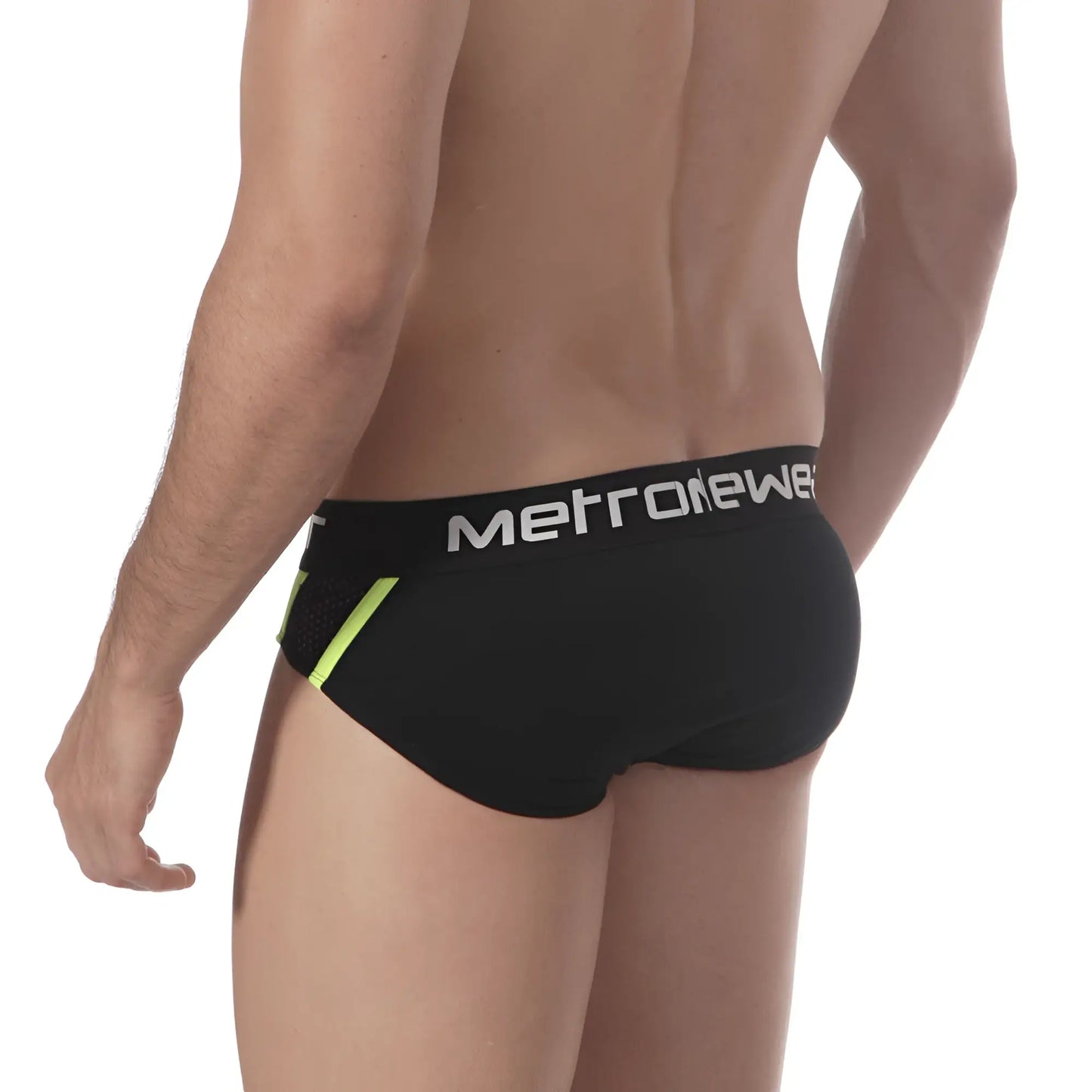 Black metronewer mens briefs with neon green side panels and white logo band from metro malewear drive hip brief collection