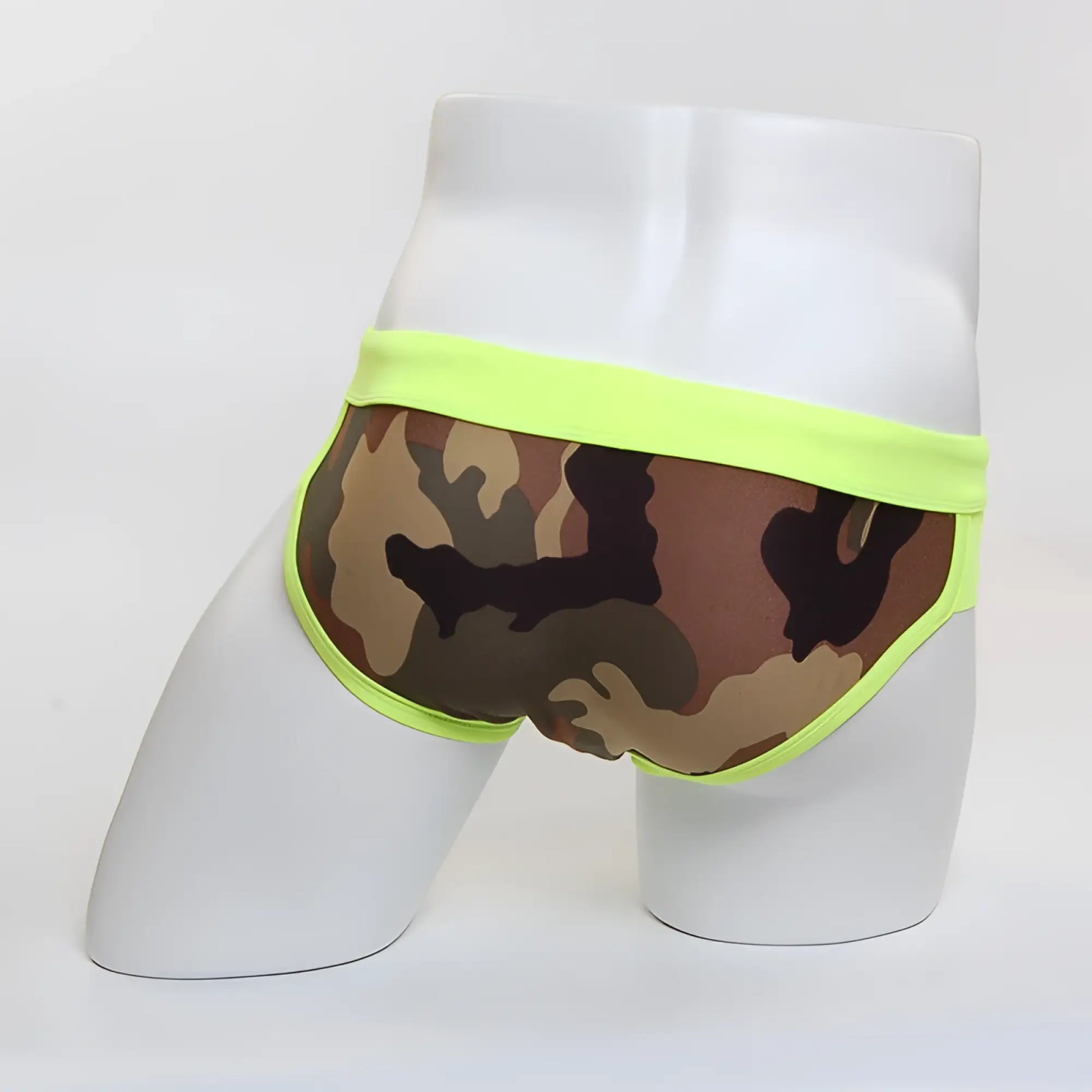 MetroMaleWear green camo split swim brief 4923-82 with neon green trim on camouflage men’s swim briefs