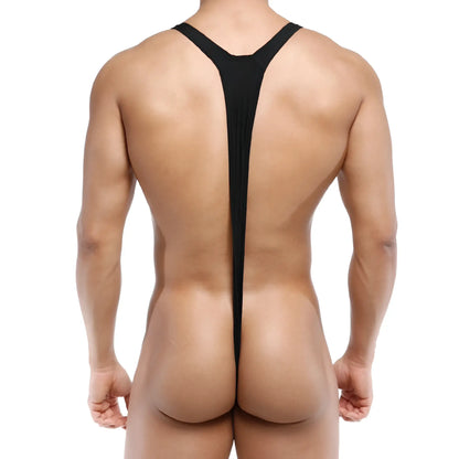 MetroMaleWear Kini Black 0009-20 black form-fitting y-back bodysuit in sleek stretchy material shown from the back