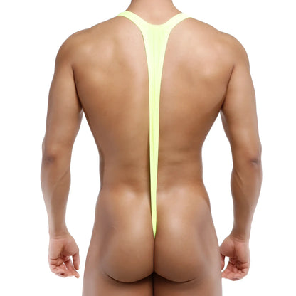 Vibrant lime green form-fitting one-piece swimsuit with a distinctive y-back design, back view.