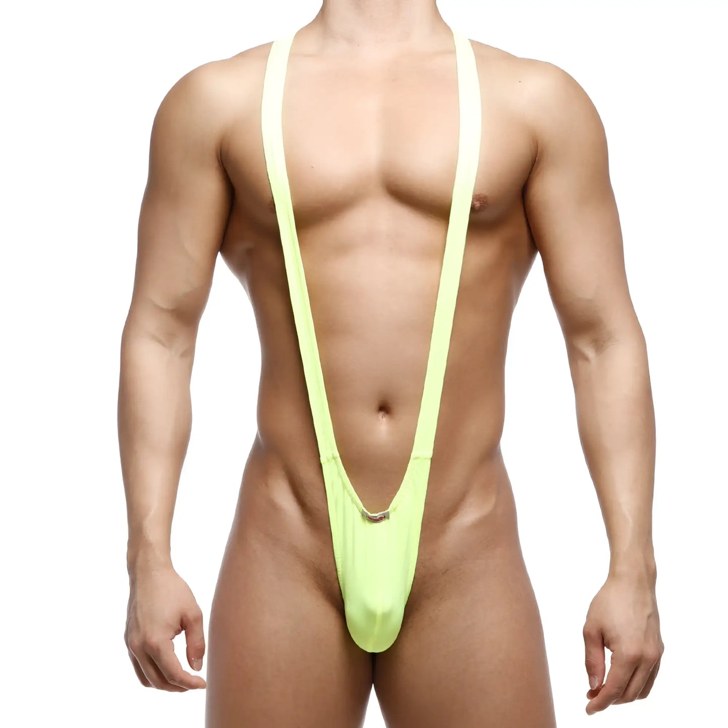 MetroMaleWear Kini neon green one-piece swimsuit with thin straps and low-cut front in vibrant lime green