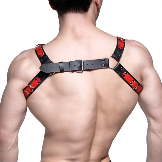 Black and red leather harness with silver toned metal hardware from MetroMaleWear designed for stylish wear MH2