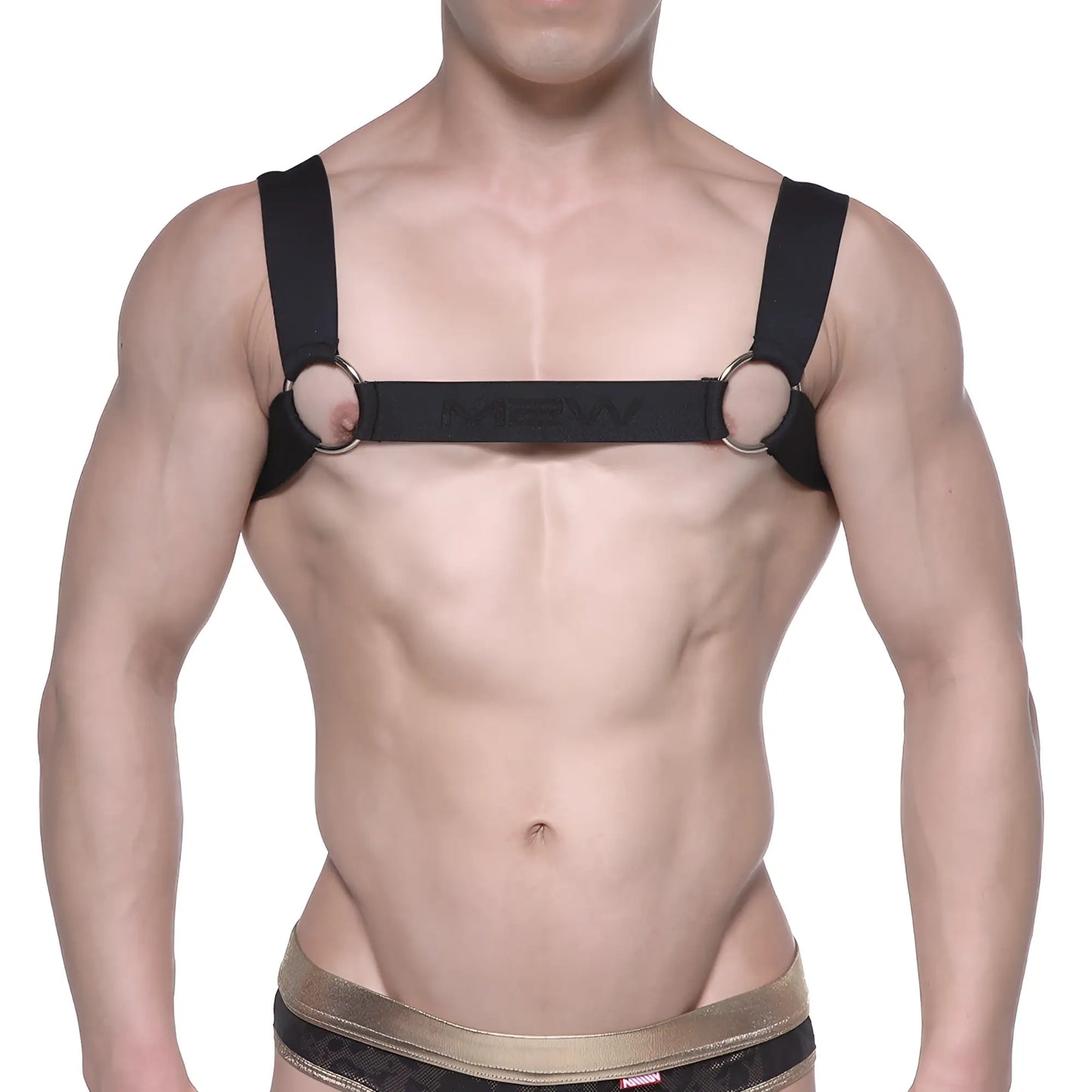Black leather harness with metallic rings and central strap featuring MetroMaleWear brand logo in black 1200-20 design