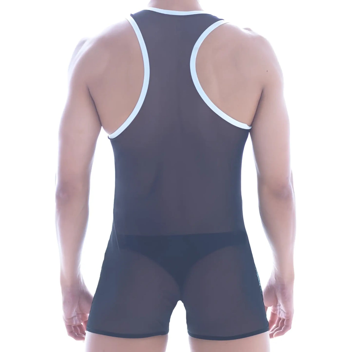 MetroMaleWear mesh contrast wrestler black sheer mesh singlet with white trim on shoulder straps and waistband