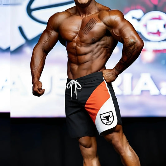 MetroMaleWear MetroMuscleWear IFBB Pro mens physique board short black orange white with drawstring and bull logo side