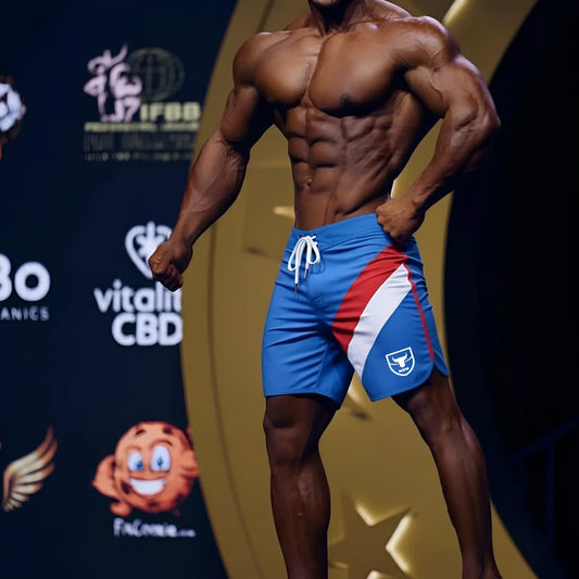 MetroMaleWear MetroMuscleWear IFBB Pro mens physique board short royal 4717-18 royal blue red white with shield logo
