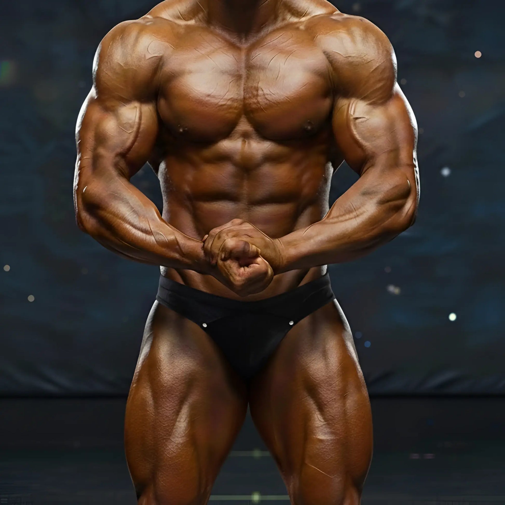 A muscular male bodybuilder wearing black glossy metroMalewear metroMusclewear Adam competition suit 4974-68 briefs