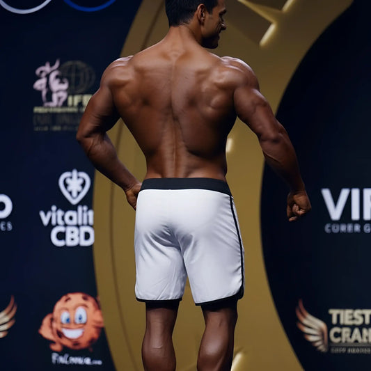A muscular man wearing white MetroMaleWear MetroMuscleWear Avalanche physique board shorts with black trim stands on stage