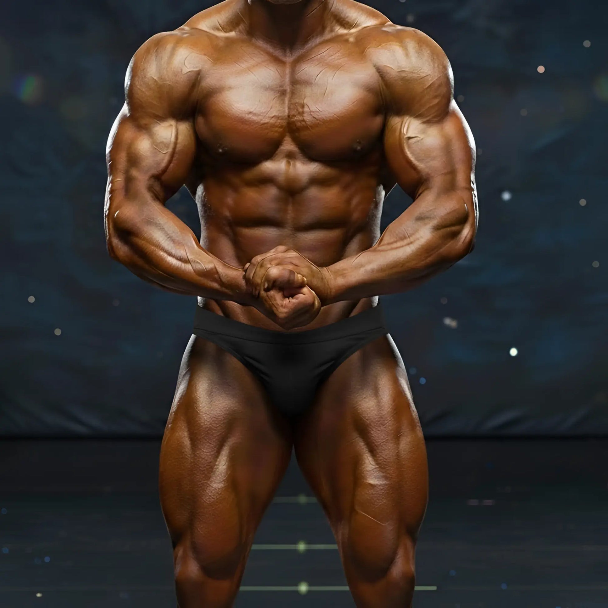A muscular male bodybuilder wearing metroMalewear metroMusclewear basic black competition suit with a defined tanned physique