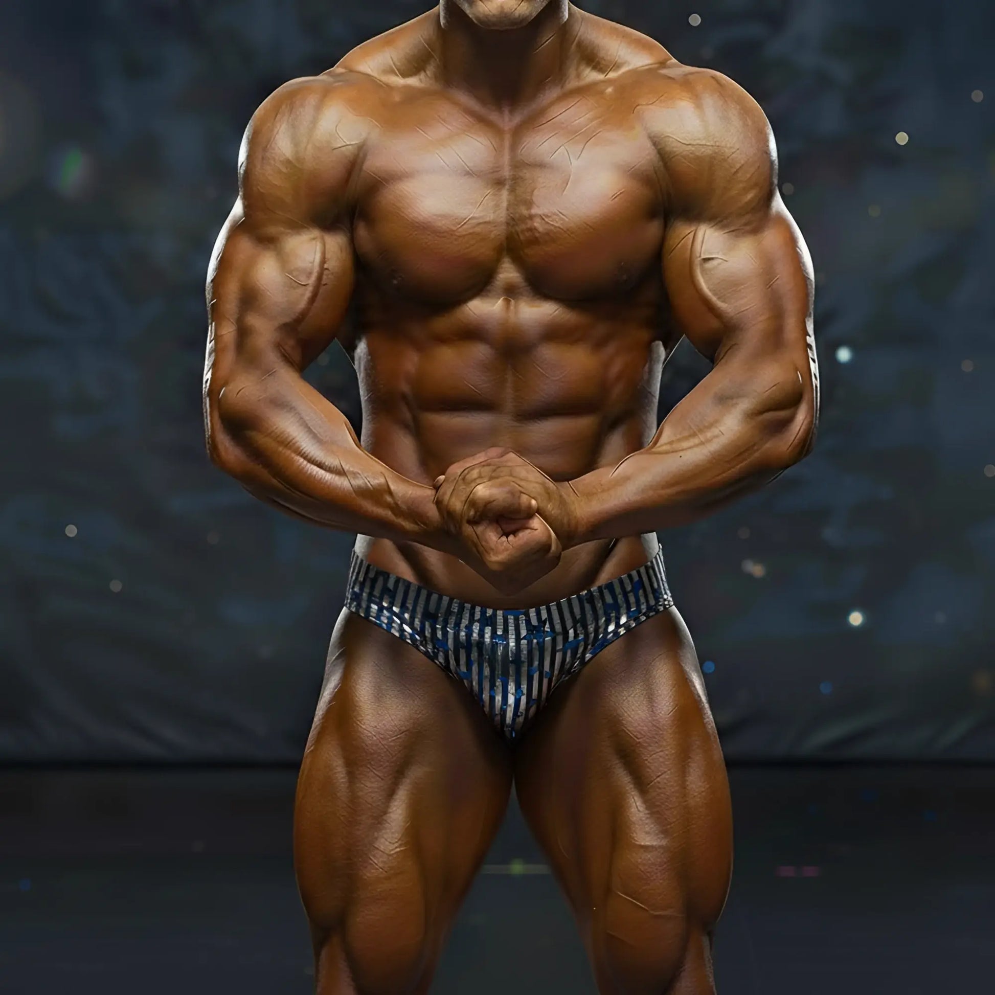 A muscular male bodybuilder wearing metro musclewear basic competition suit black stripe briefs in blue and white stripes