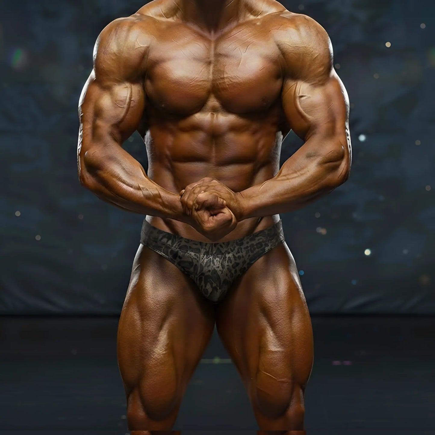 A muscular male bodybuilder wearing dark gray patterned briefs in MetroMaleWear MetroMuscleWear basic competition suit gold