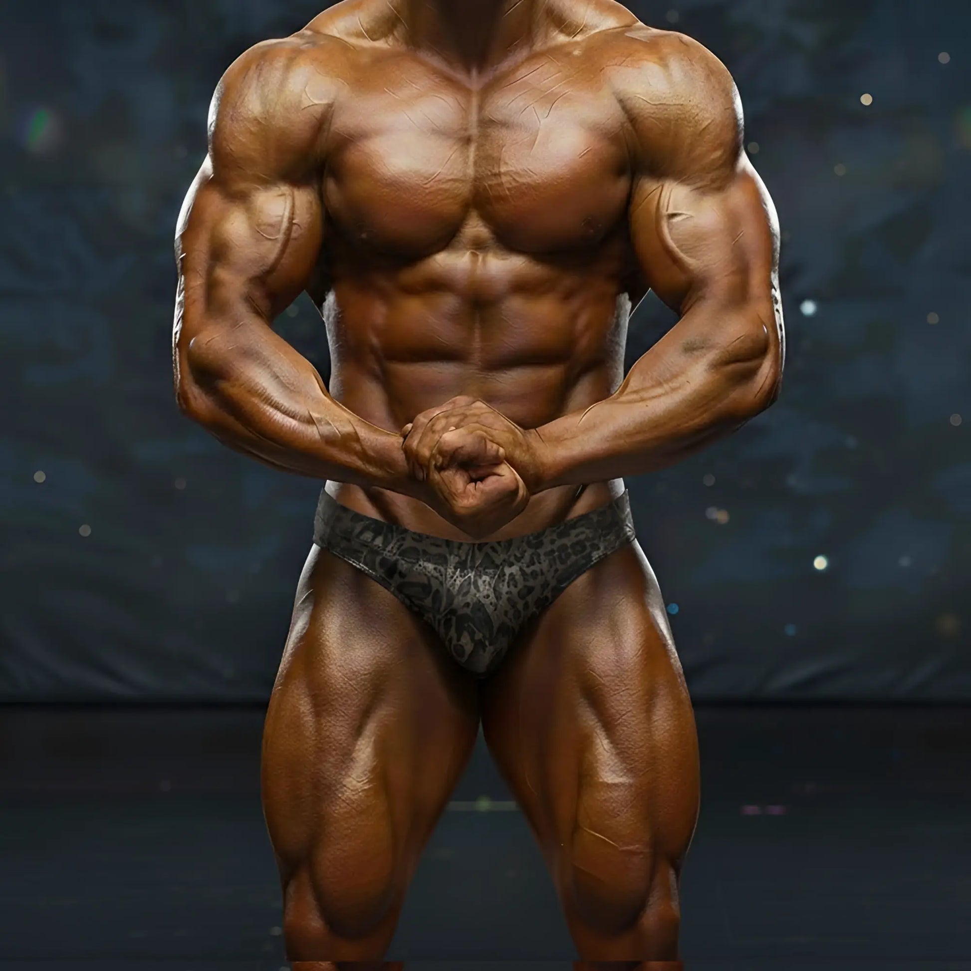 A muscular male bodybuilder wearing dark gray patterned briefs in MetroMaleWear MetroMuscleWear basic competition suit gold