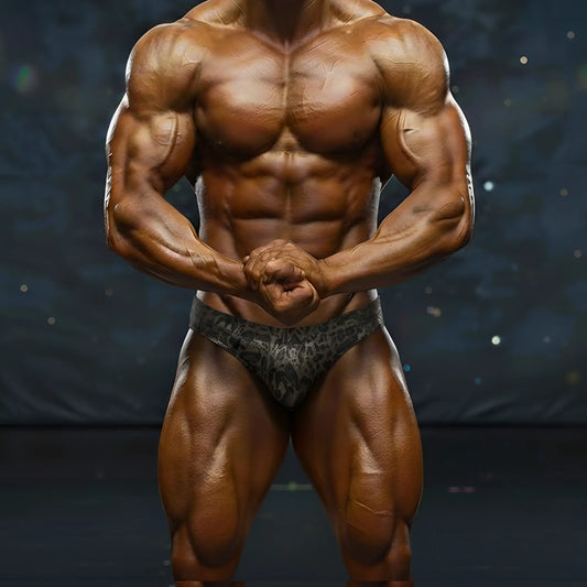 A muscular male bodybuilder wearing dark gray patterned briefs in MetroMaleWear MetroMuscleWear basic competition suit gold