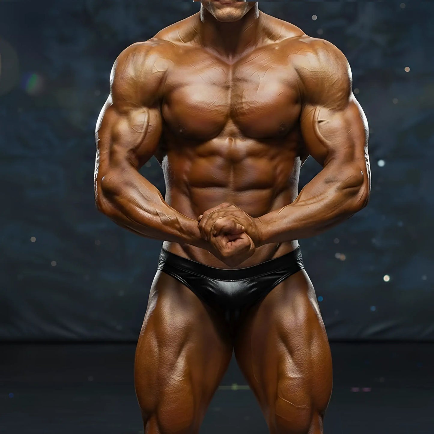 A muscular male bodybuilder wearing a sleek black latex brief metrocompetitionsuit by metromalewear